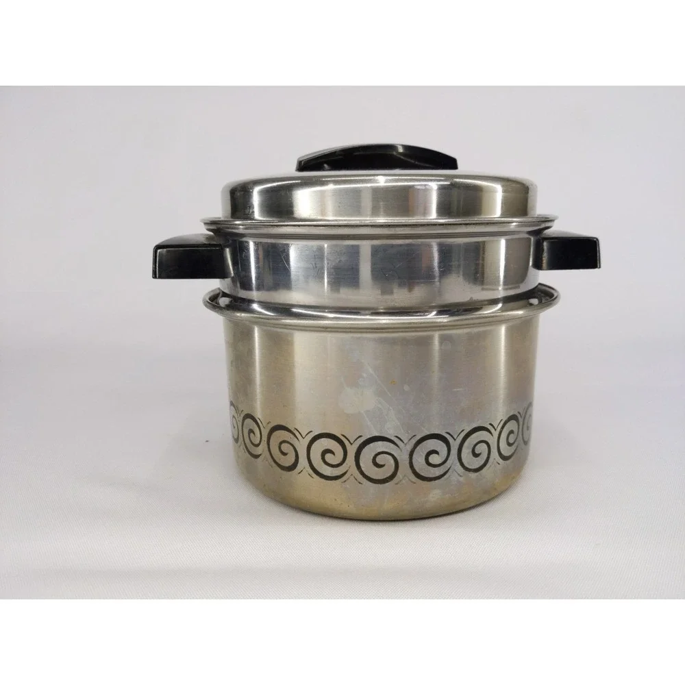 VTG Ecko Stainless Steel Double Boiler w Lid Black Handles‎ Swirl Design 2qt